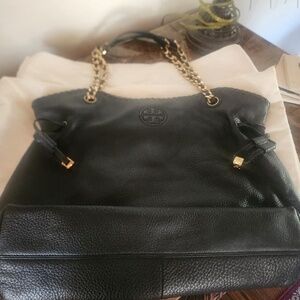 Tory Burch Black Leather Shoulder  Bag with Gold Chain.